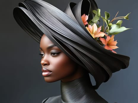 Portrait of a woman in avant-garde dress and integrated flowers, AI generative.