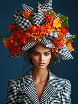 Portrait of a woman in avant-garde dress and integrated flowers, AI generative.