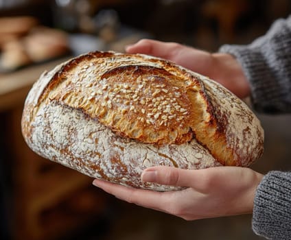 passing a loaf of bread from one hand to another, symbolizing sharing and human ties. AI generative.