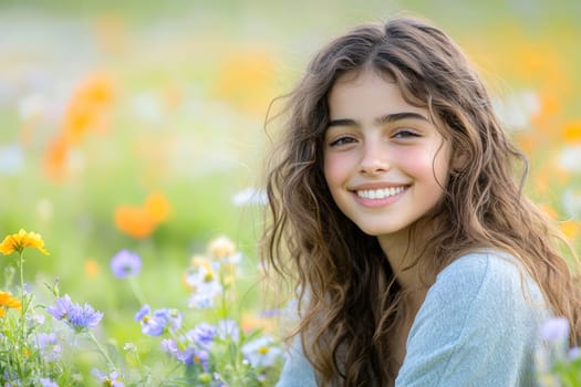 A positive, smiling girl sitting on a sunlit meadow . AI generative.