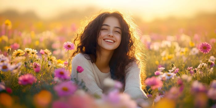 A positive, smiling girl sitting on a sunlit meadow . AI generative.