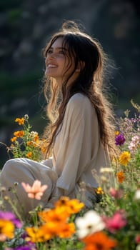 A positive, smiling girl sitting on a sunlit meadow . AI generative.
