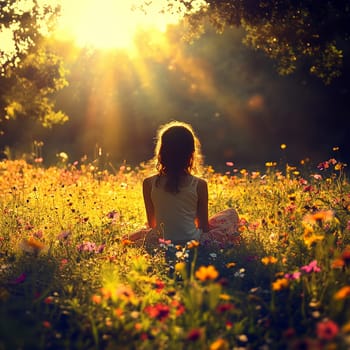 A positive, smiling girl sitting on a sunlit meadow . AI generative.