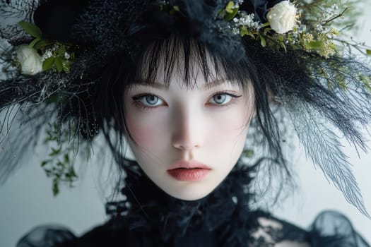 Portrait of a woman in avant-garde dress and integrated flowers, AI generative.