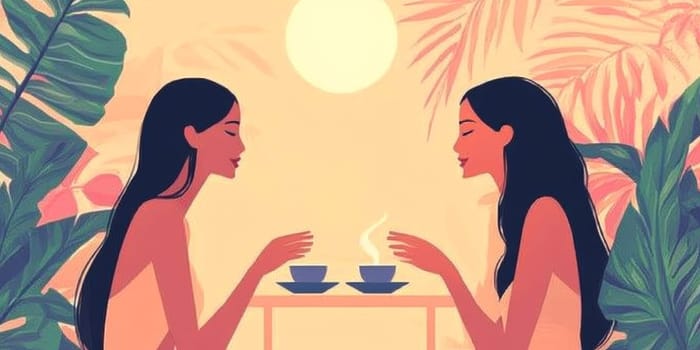 modern tea garden talking women, simple illustration style. AI generative.