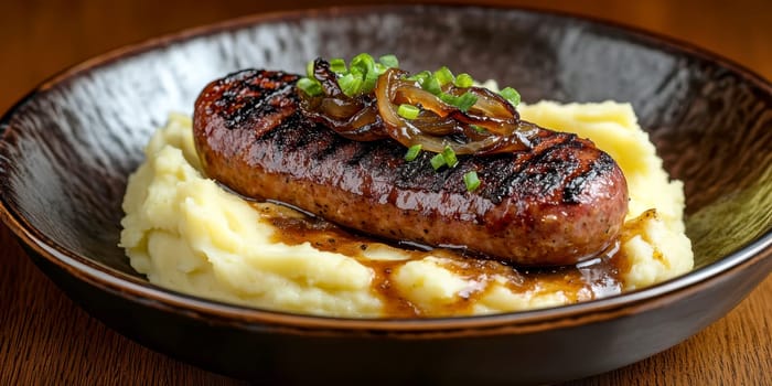 Traditional Polish dish, potatoes with baked kielbasa and onion sauce. AI generative.