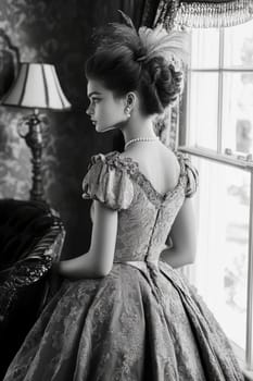 elegant woman from the Victorian era standing in a richly decorated parlor. AI generative.