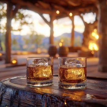 Two elegant, crystal-clear glasses of whiskey with ice cubes. AI generative.