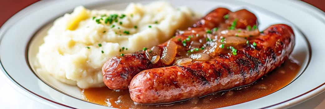 Traditional Polish dish, potatoes with baked kielbasa and onion sauce. AI generative.