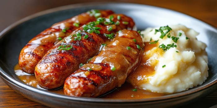 Traditional Polish dish, potatoes with baked kielbasa and onion sauce. AI generative.