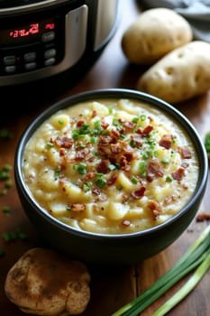 a creamy potato soup served in a large bowl. AI generative.
