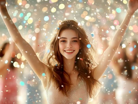 oung woman, celebrating with her arms raised high in the air, surrounded by colorful confetti.  AI generative.