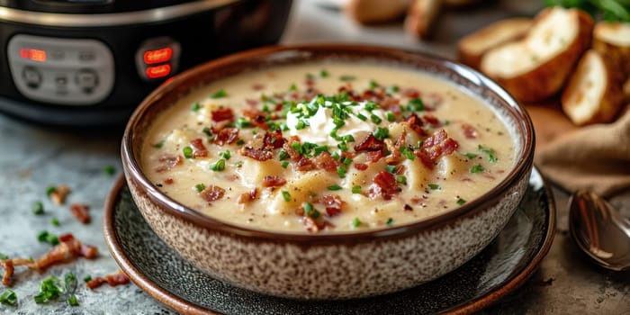 a creamy potato soup served in a large bowl. AI generative.
