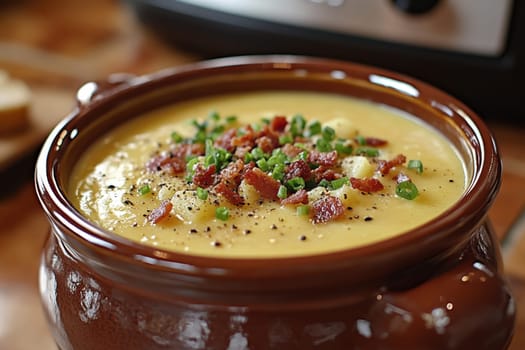 a creamy potato soup served in a large bowl. AI generative.