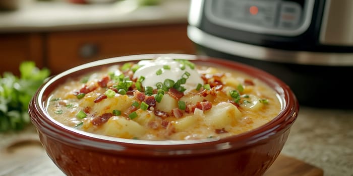 a creamy potato soup served in a large bowl. AI generative.
