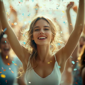 oung woman, celebrating with her arms raised high in the air, surrounded by colorful confetti.  AI generative.
