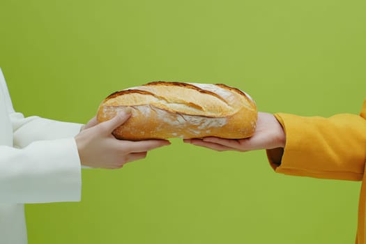 passing a loaf of bread from one hand to another, symbolizing sharing and human ties. AI generative.
