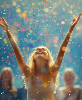 oung woman, celebrating with her arms raised high in the air, surrounded by colorful confetti.  AI generative.