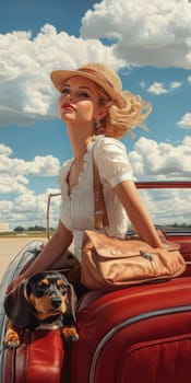 An elegant woman in the back seat of a luxury car, with  dachshund. AI generative.