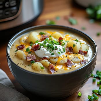 a creamy potato soup served in a large bowl. AI generative.