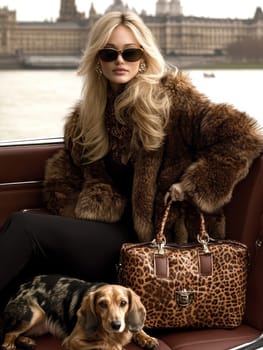 An elegant woman in the back seat of a luxury car, with  dachshund. AI generative.