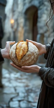 passing a loaf of bread from one hand to another, symbolizing sharing and human ties. AI generative.