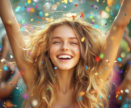 oung woman, celebrating with her arms raised high in the air, surrounded by colorful confetti.  AI generative.