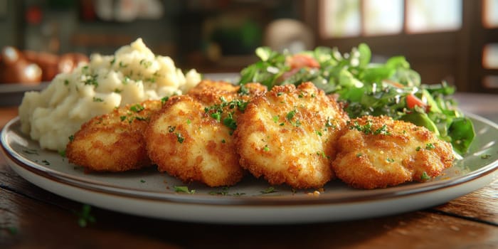 delicious homemade schnitzel on a plate, surrounded by fresh salad and a side of mashed potatoes. AI generative.