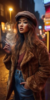 Woman dressed in 80s style smoking a cigarette on the street. AI generative.