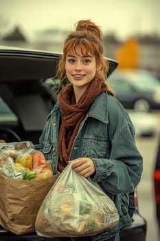 smiling woman packing groceries into the trunk of a car. AI generative.