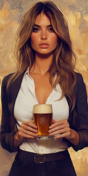 A woman styled in the 1950s holding a glass of beer. Vintage poster. AI generative.