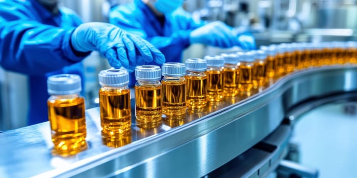 pharmaceutical production line, workers in lab coats and masks . AI generative.