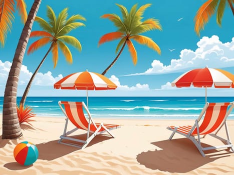 An illustration depicting a relaxing tropical beach scene with two striped beach chairs under orange and white umbrellas, palm trees. AI-generated photo.