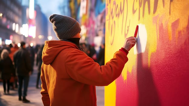 A street artist in a beanie and orange jacket creates vibrant graffiti on a wall in a bustling city.