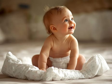 A joyful baby sits on a bed, smiling and surrounded by soft bedding in a warm, cozy room.