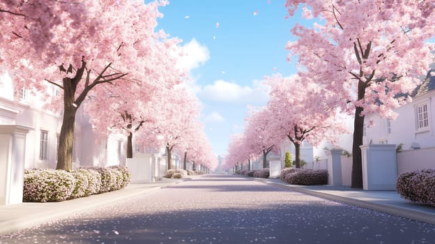 A picturesque street lined with blooming cherry blossom trees, creating a serene and beautiful spring scene.