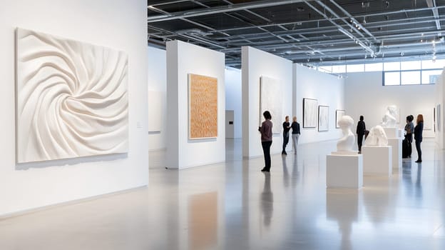 Visitors admire large abstract artworks and sculptures in a spacious, well lit modern art gallery.