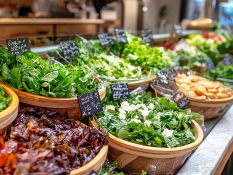 A vibrant display of fresh salads and greens in a wooden bowl arrangement at a salad bar.