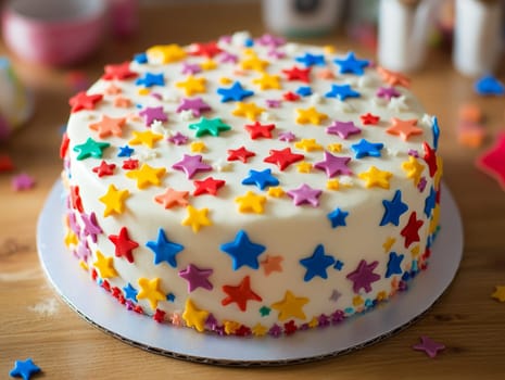 A festive cake covered in colorful star decorations, ideal for birthdays and joyful celebrations.