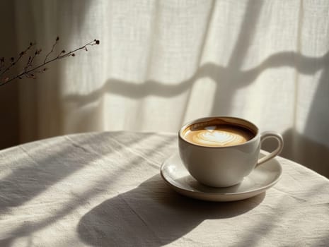 A cozy cup of coffee with latte art sits on a sunlit table, casting soft shadows, creating a warm ambiance.