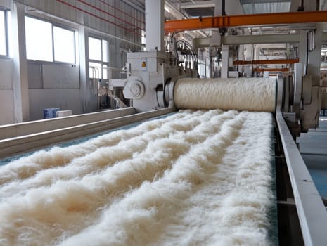 Wool fibers being processed on a conveyor belt in an industrial textile factory setting.