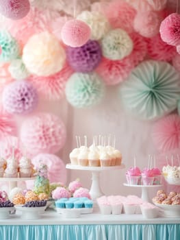 A delightful pastel-themed dessert table adorned with cupcakes and decorative paper flowers, perfect for celebrations.