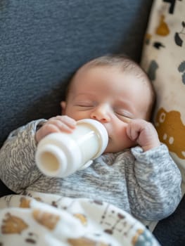 Peaceful baby sleeping while holding a milk bottle, wrapped in a cozy blanket on a sofa.