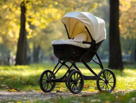 A stylish baby stroller parked in a sunlit park surrounded by autumn leaves and trees.