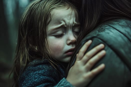 A young girl clings tightly to her mother in a dark, wooded area, showing emotion and a sense of comfort amidst the surrounding gloom.