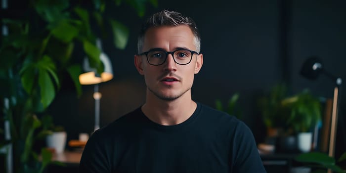 A man with glasses is engaged in conversation in a stylish office filled with plants. Soft lighting enhances the focused atmosphere.