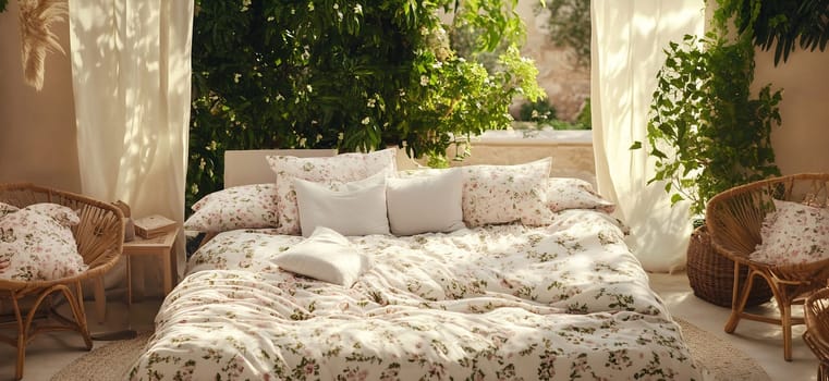 A peaceful bedroom features a large bed with floral bedding and soft pillows, surrounded by lush green plants and natural light.