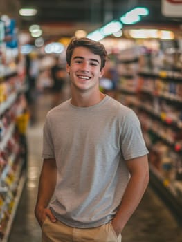 A young man poses with a bright smile in a grocery store aisle filled with colorful products, creating a friendly atmosphere.