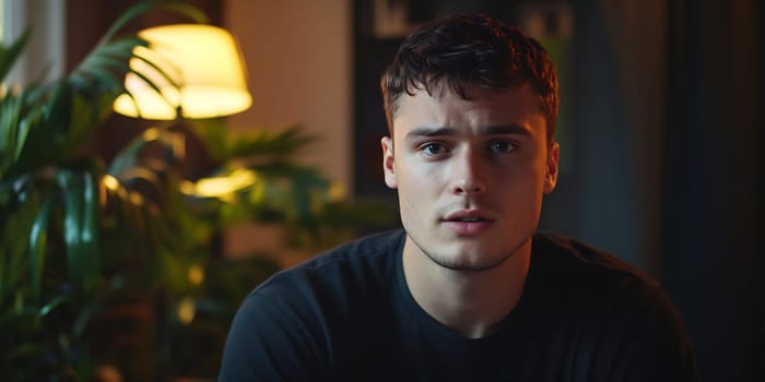 A young man gazes thoughtfully while seated in a warmly lit living space filled with plants and soft lighting.