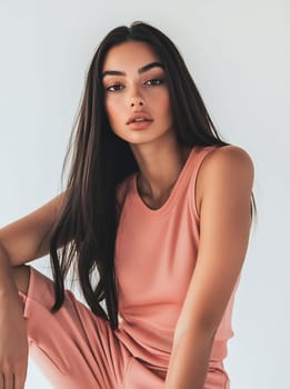 A model with long dark hair poses confidently in a pink outfit against a plain background, showcasing her natural beauty and style.